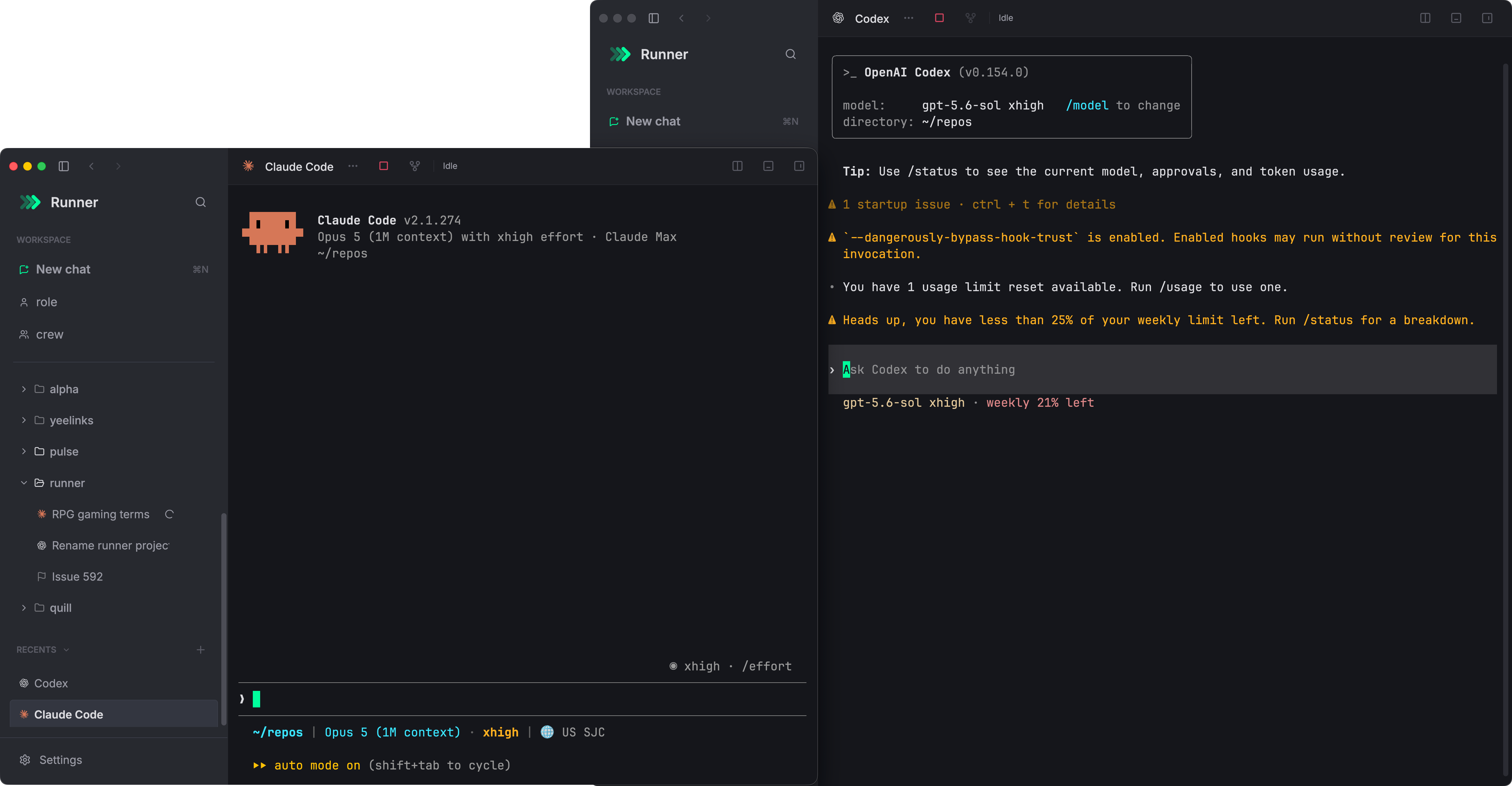 Two Runner windows, a Claude Code chat in front and a Codex chat behind