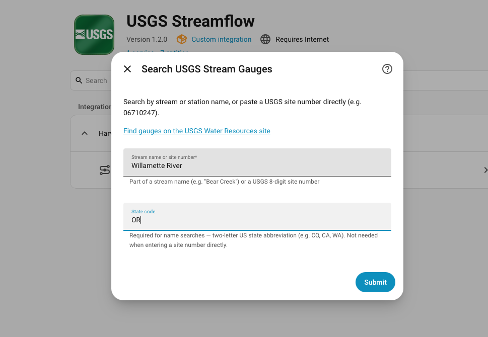 Search step: stream name plus state code