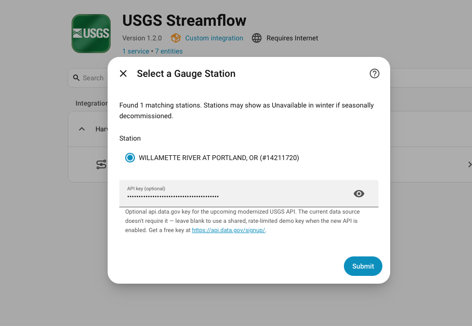 Select the matching station and optionally add an API key