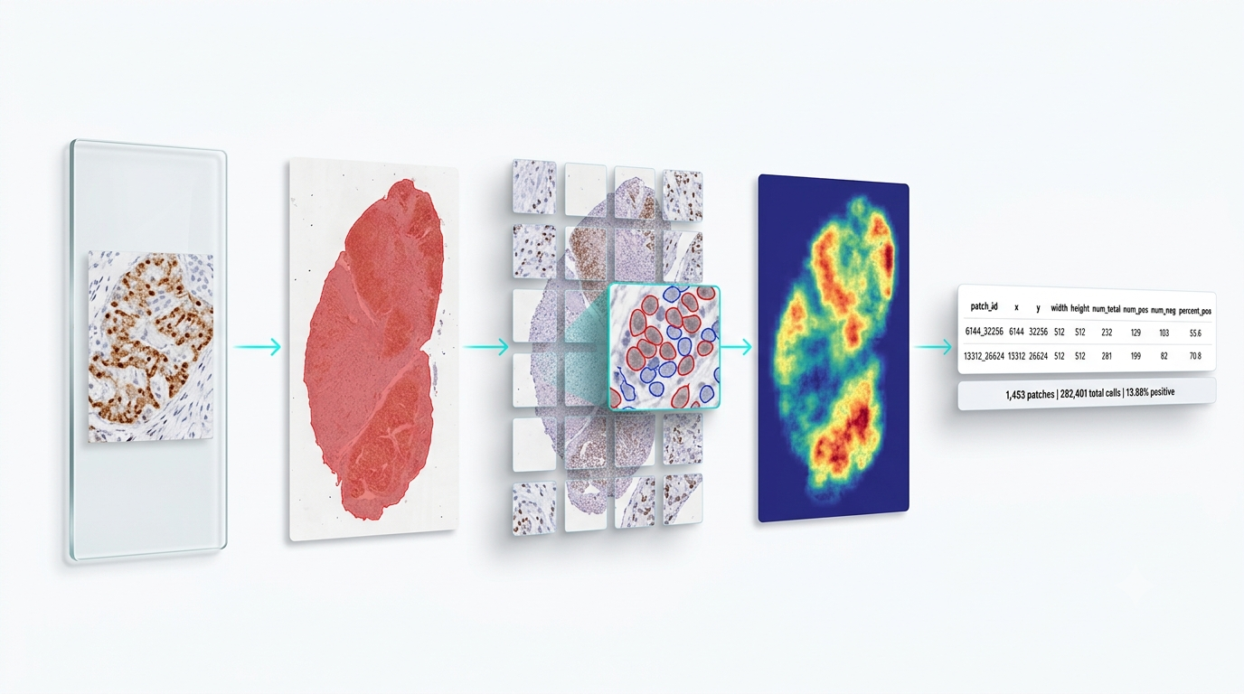 ihcinfer pipeline: WSI → tissue mask → patch inference → heatmap overlay