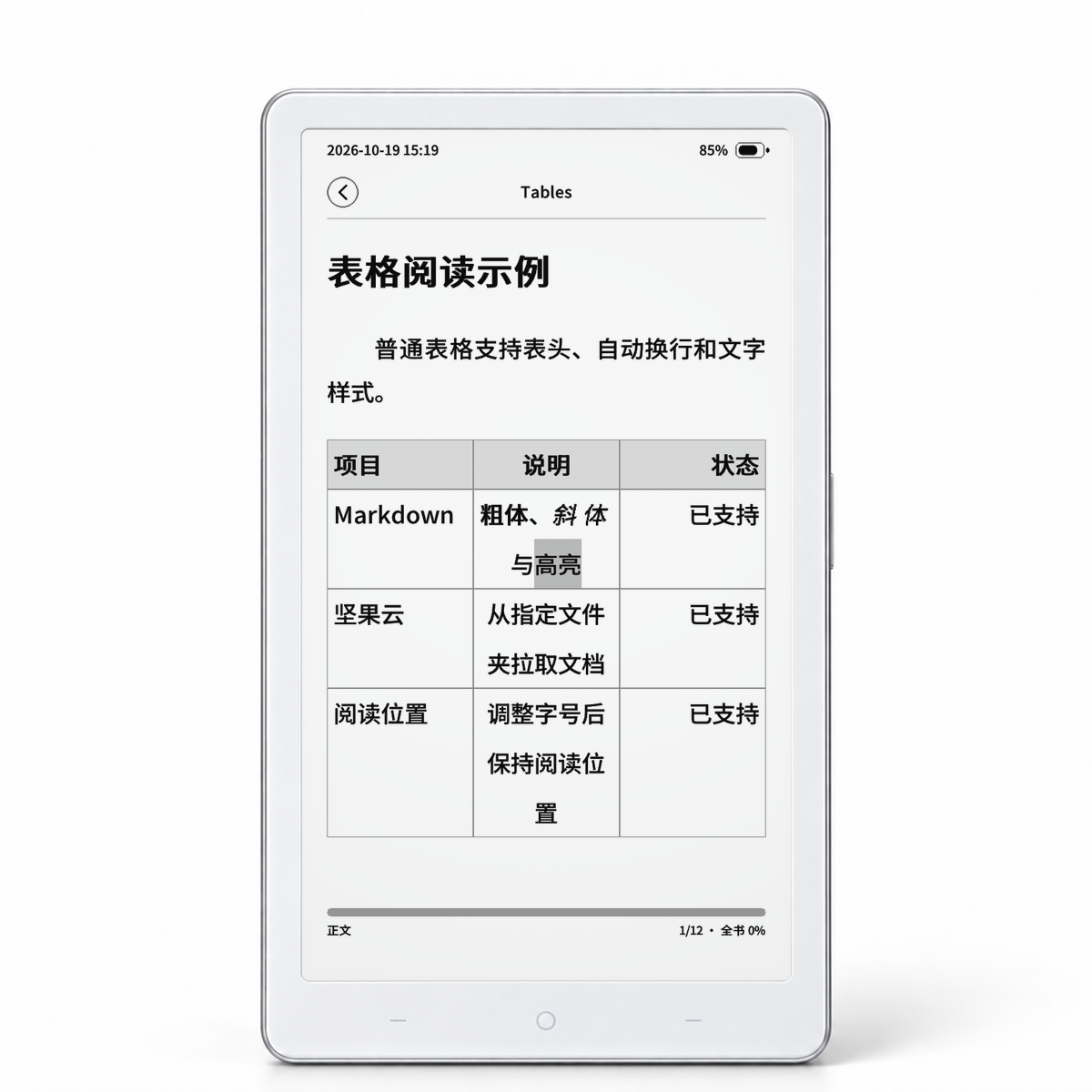if-ink OS Markdown reading screen showing a table with headers, wrapped text, and text styling