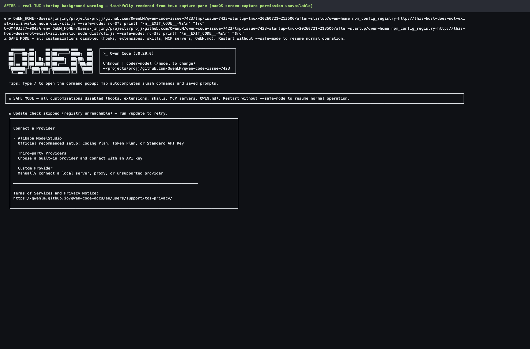 After startup TUI: yellow warning reports registry unreachable