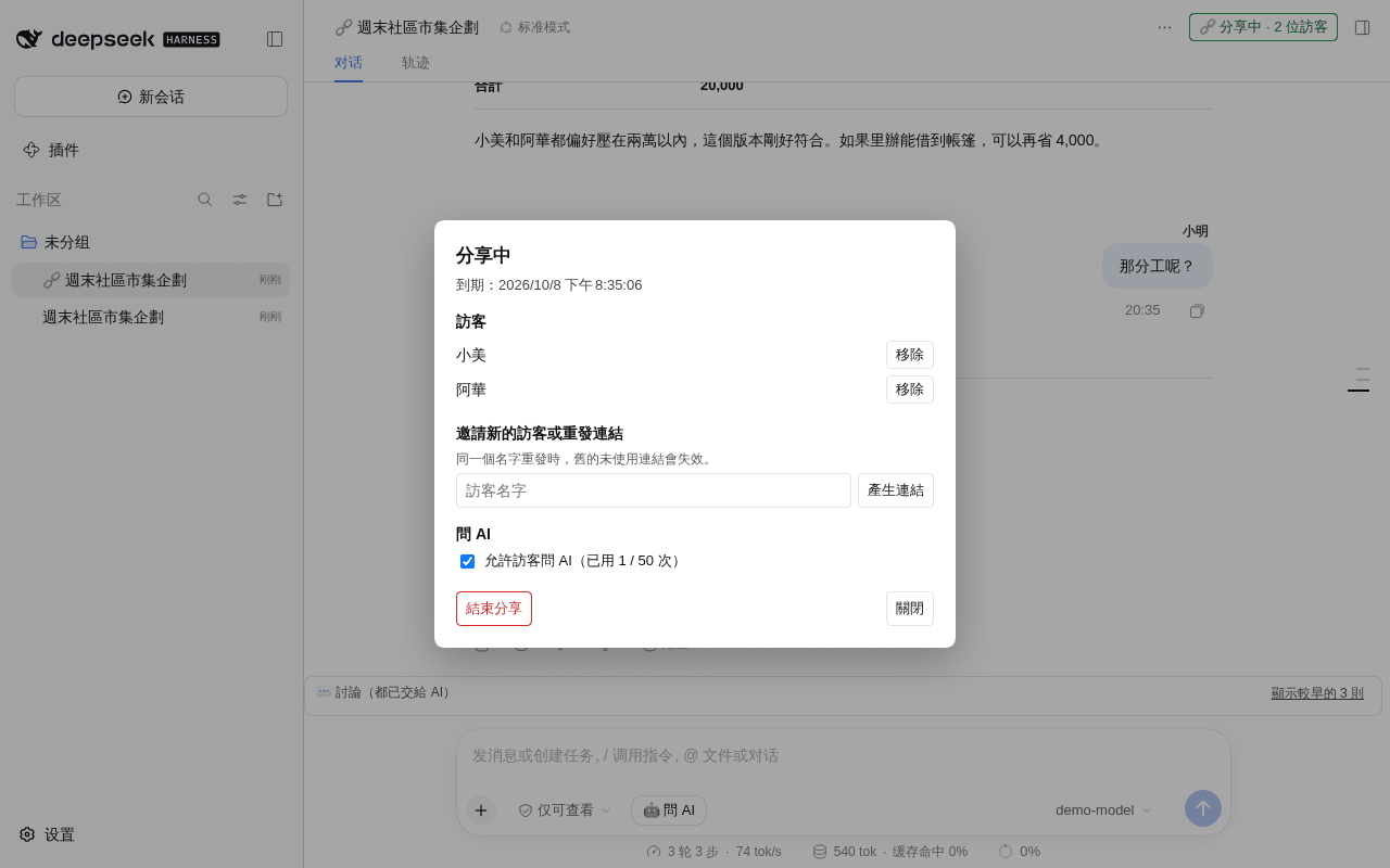 Managing a share: invite, remove, AI switch, end