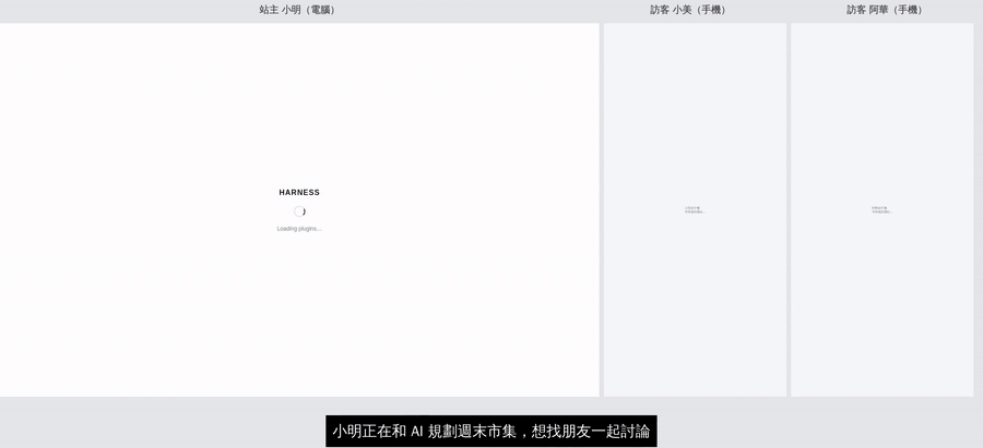 The owner shares a conversation from a desktop; two guests join on their phones, discuss, and ask the AI