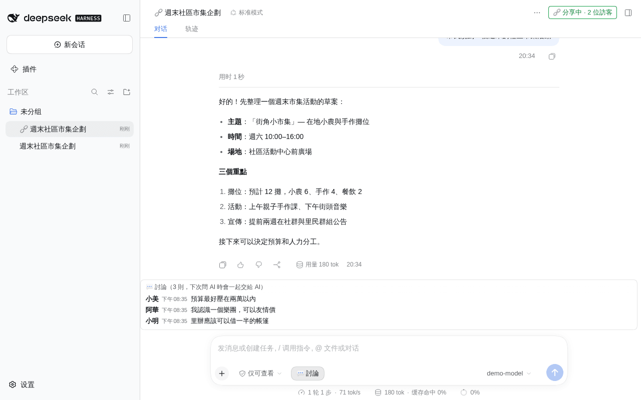 Discussion shows above the input and goes to the AI with the next question