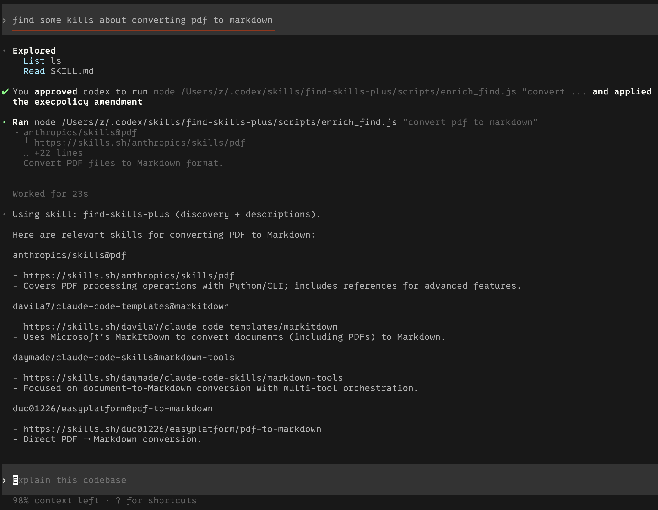 Example output showing enriched skill search results
