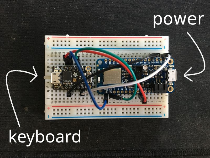 Trinket M0 and Feather 52840 wired together on a breadboard.