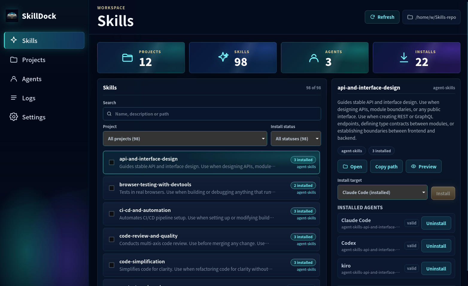 SkillDock Skills view