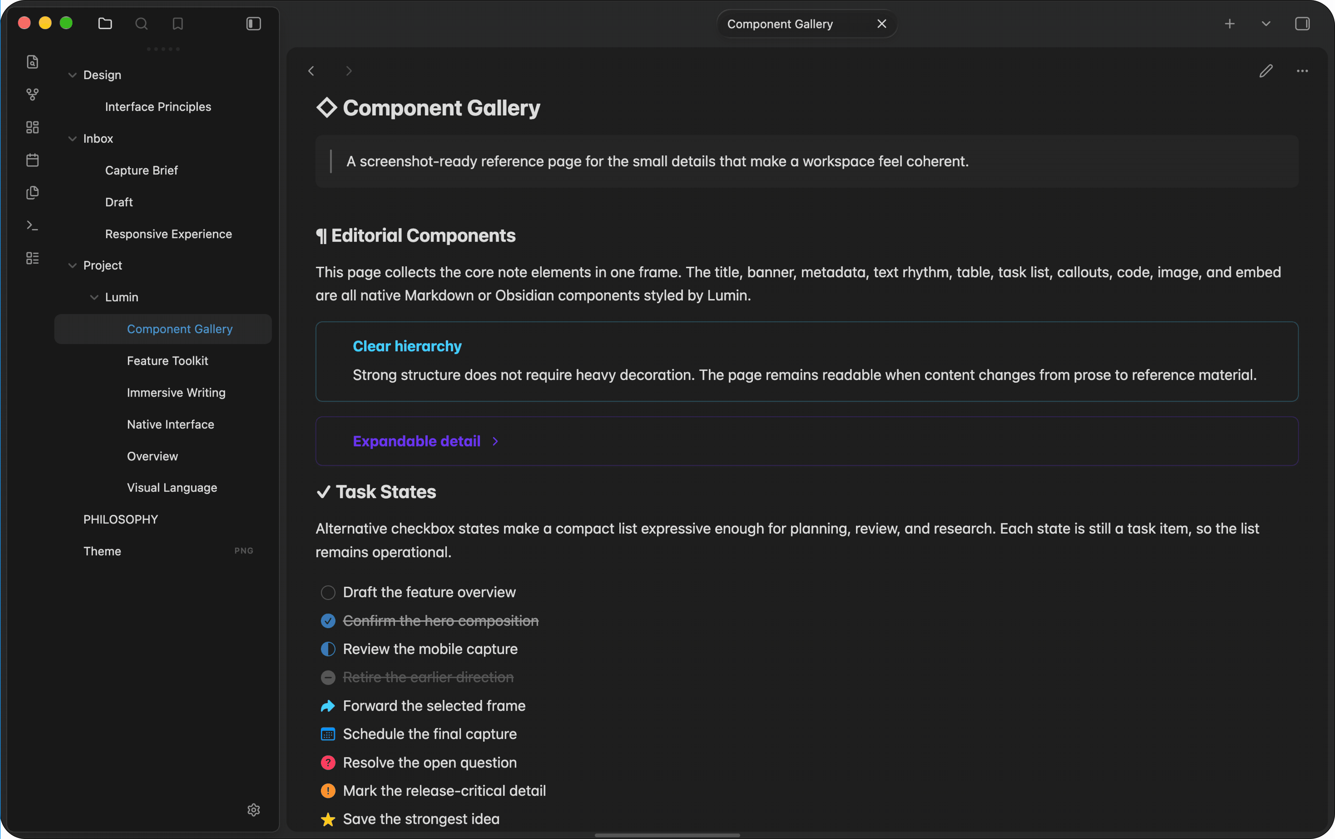 Lumin component gallery in dark mode