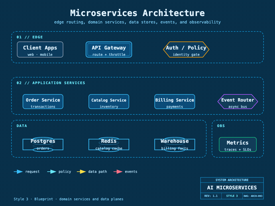 Blueprint 스타일로 Client Apps와 API Gateway를 거쳐 도메인 서비스, 데이터 저장소, 관측성 계층으로 이어지는 Microservices Architecture를 표현한 다이어그램이다.