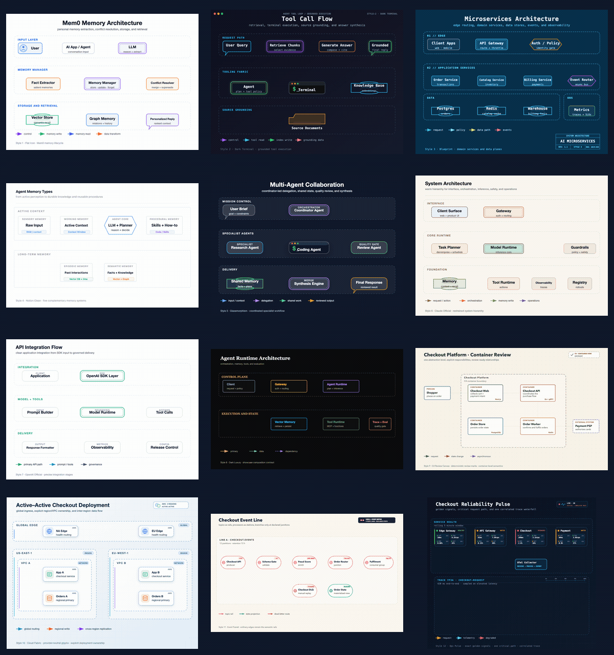 Animated 12-style showcase — one distinct engineering scenario per style