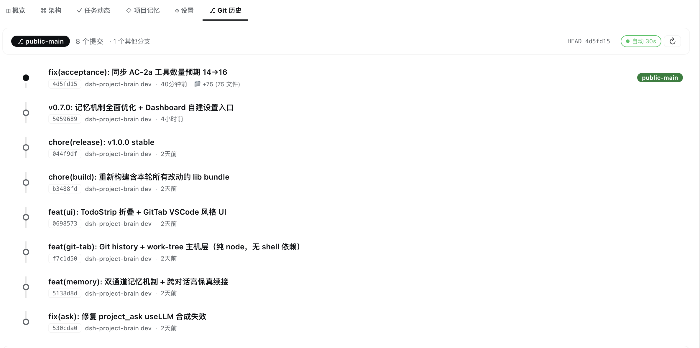 Git history tab showing branch switcher, commit timeline with messages, hashes, authors, timestamps, and changed file counts