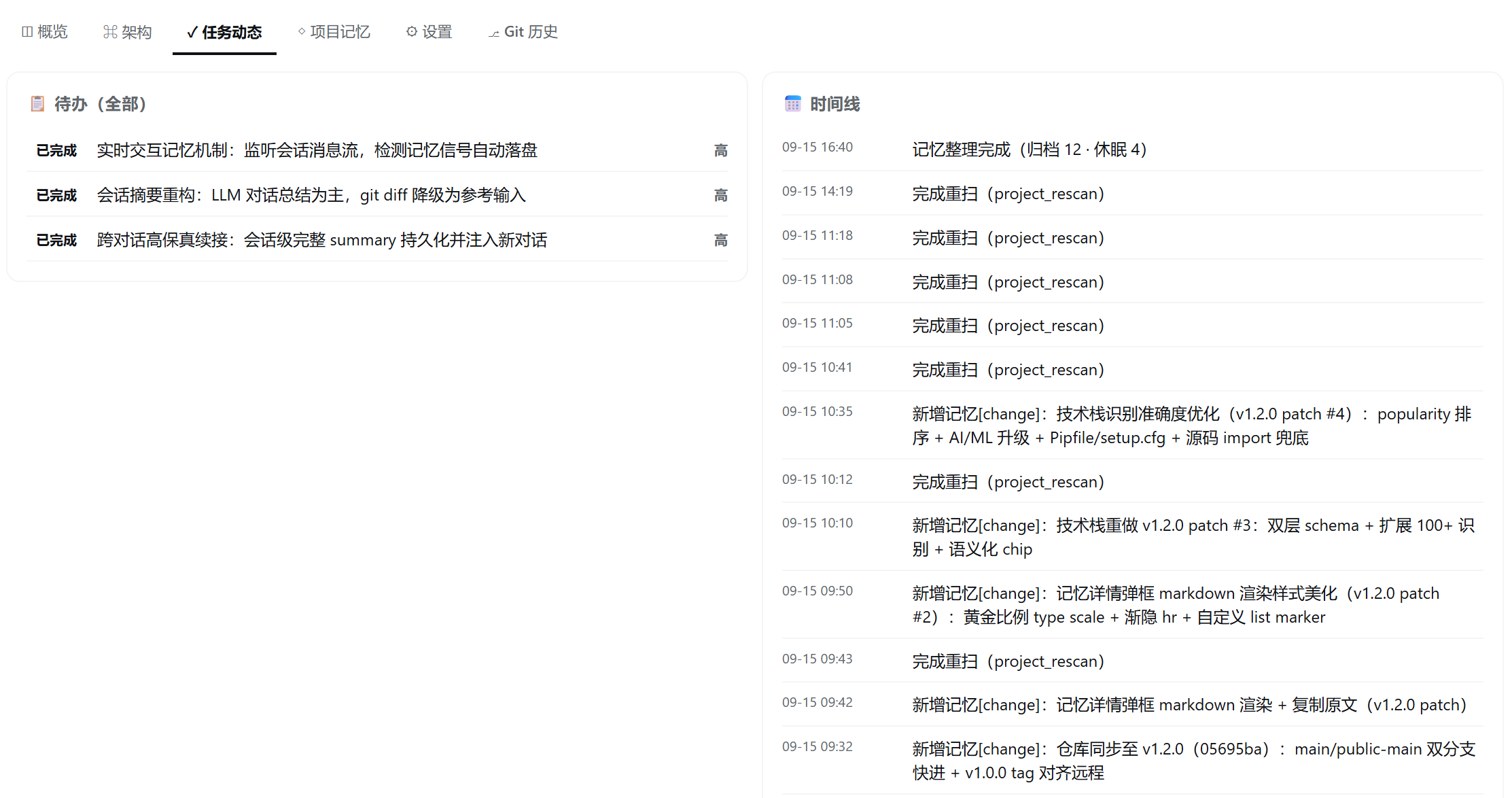 Activity tab: completed TODOs on the left (real-time memory, session summary, cross-session continuation), and the timeline on the right showing memory-organize events, project_rescan events, and recent memory-add entries with timestamps