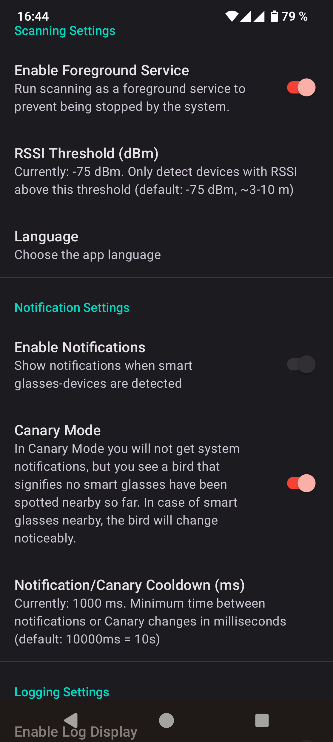 Screenshot Nearby Glasses: Settings