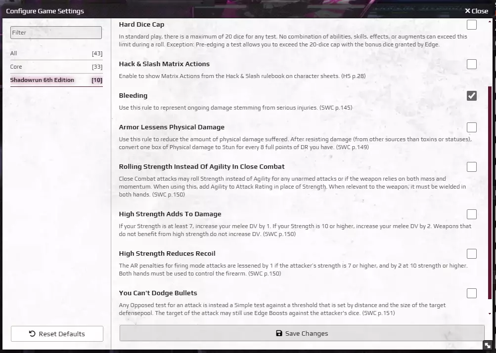 FoundryVTT Shadowrun6 settings