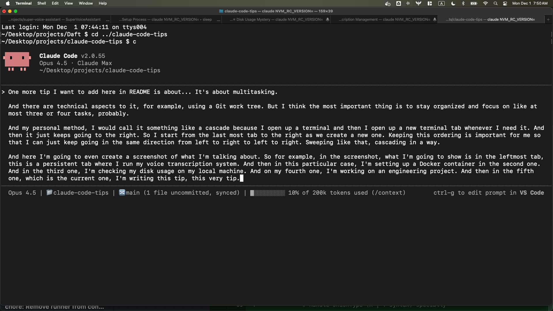 Terminal tabs showing multitasking workflow