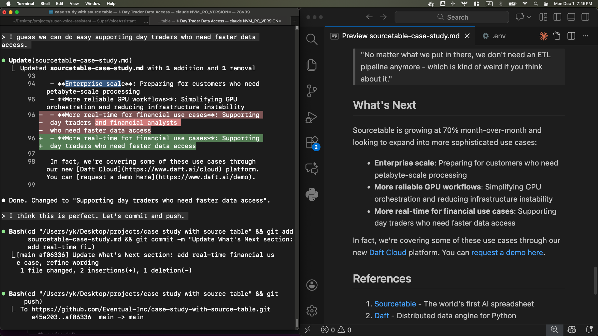 Side-by-side writing workflow with Claude Code