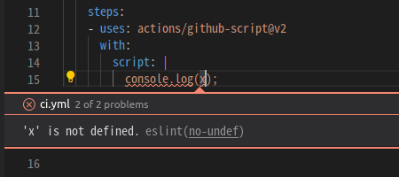 A JS script in a GitHub workflow editor has red squiggly underlines. A tooltip explains the problem.