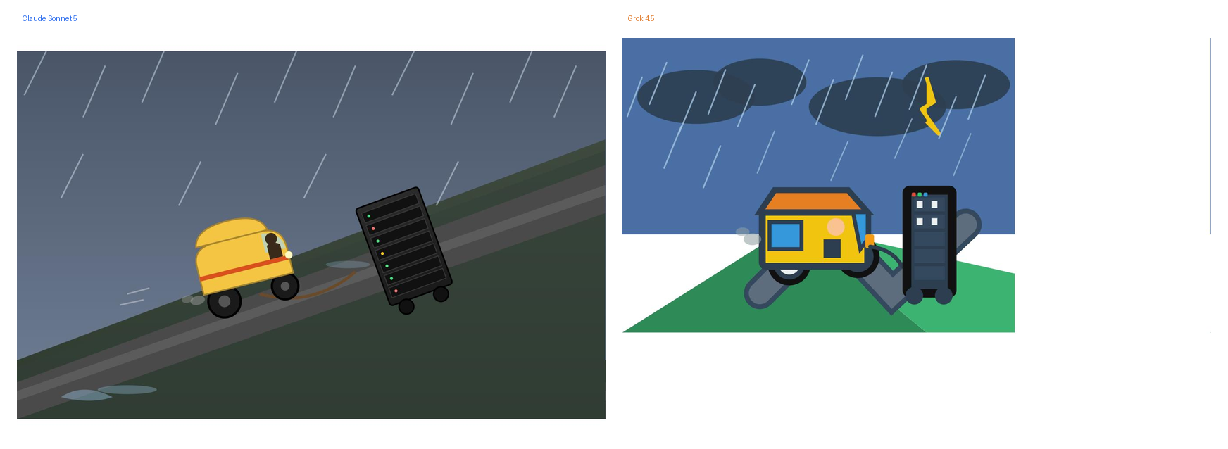 Two SVG illustrations side by side from the same prompt. Claude Sonnet 5 on the left and Grok 4.5 on the right, both showing an auto-rickshaw towing a server rack up a steep hill with rain falling — comparable quality and composition from both models.