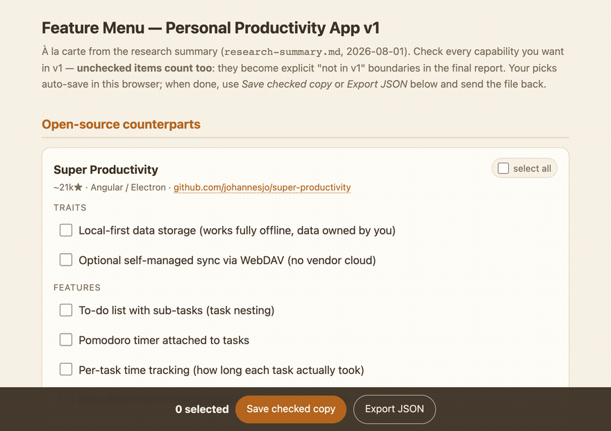 murPick demo: checking features on the menu, then the selection report