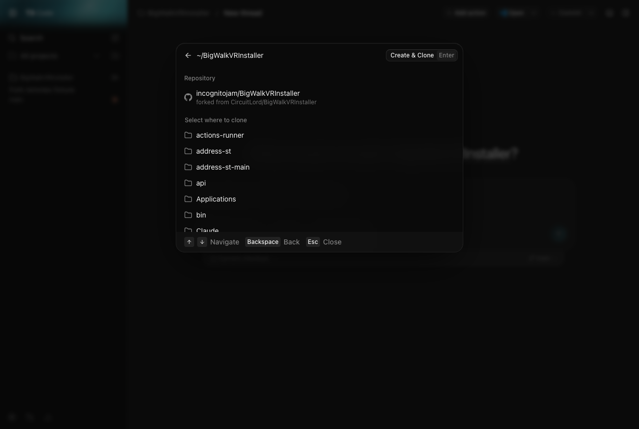Destination step showing "forked from CircuitLord/BigWalkVRInstaller"