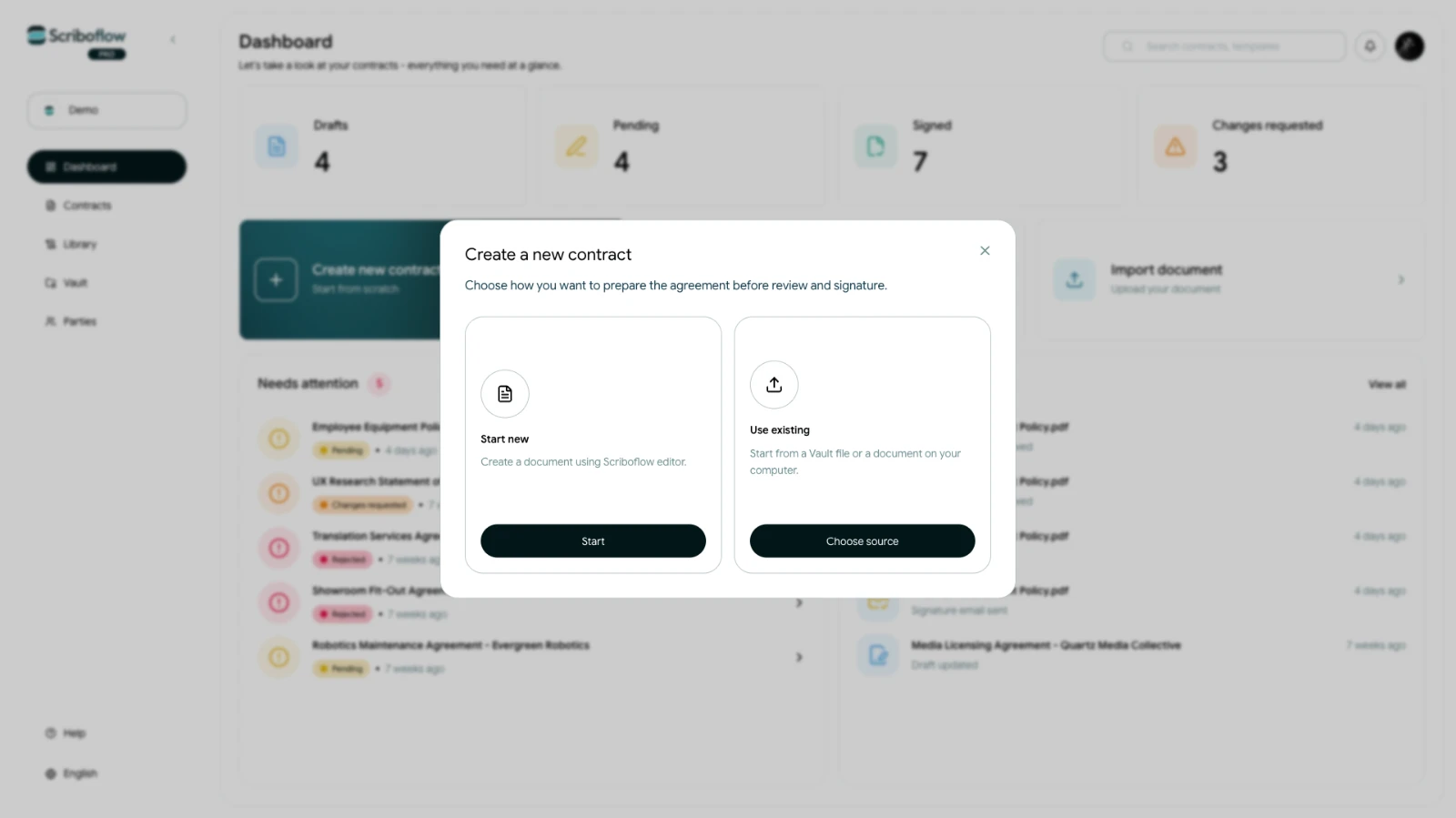 Dashboard view, create a new contract