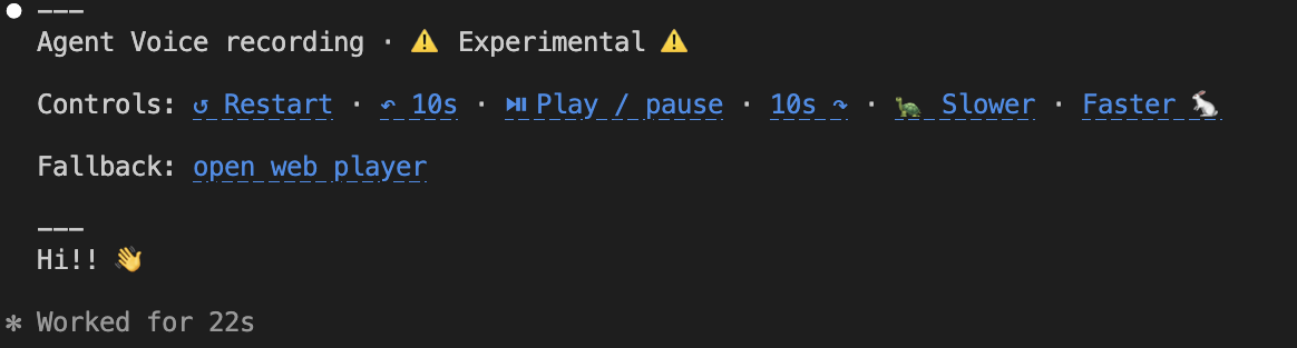 Agent Voice playback controls with a web-player fallback