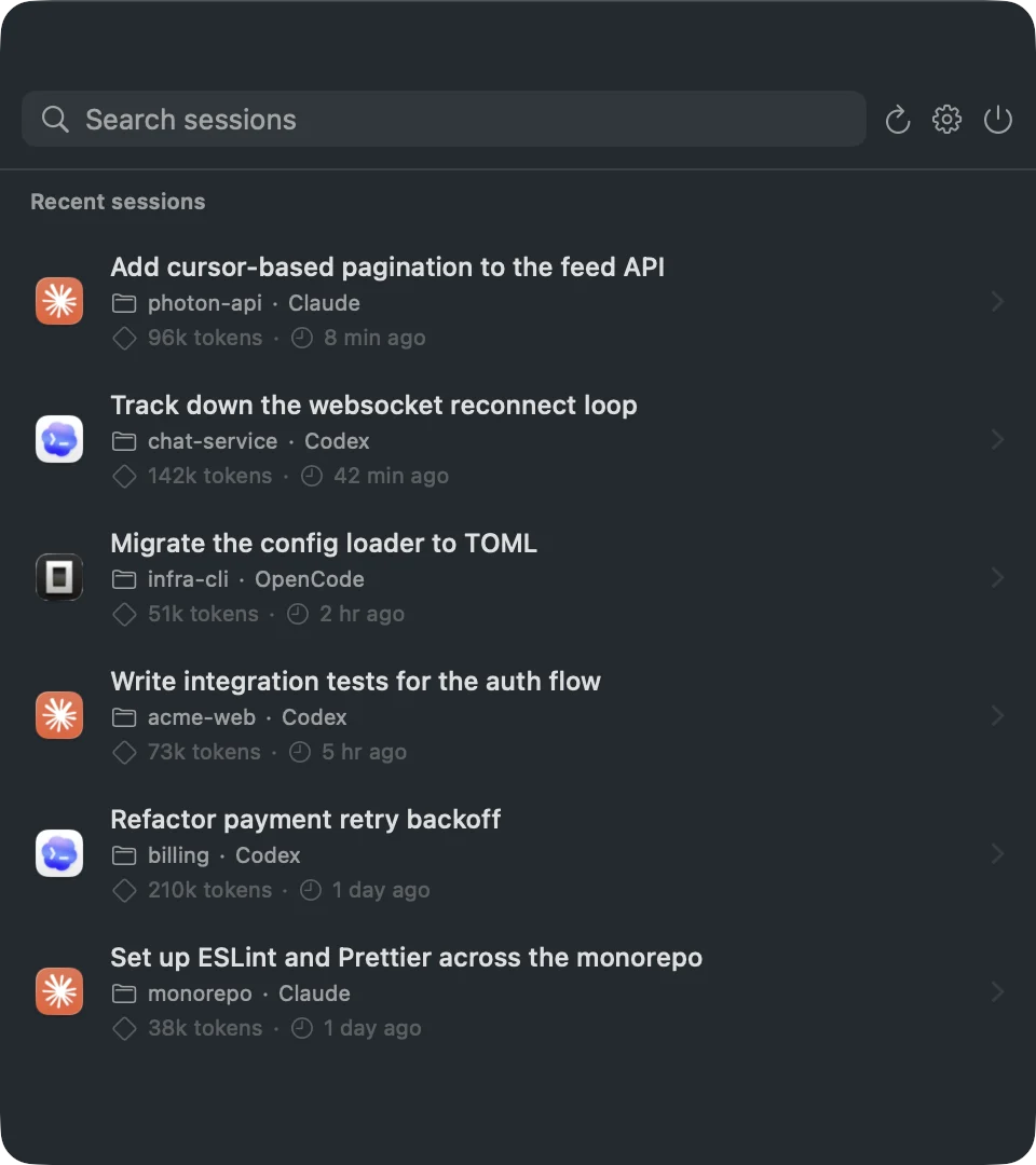 The Continuo menu-bar picker listing recent sessions across Claude Code, Codex, and OpenCode