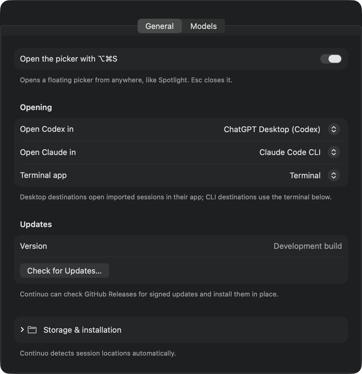 Continuo settings: hotkey, launch destinations, terminal app, and storage controls