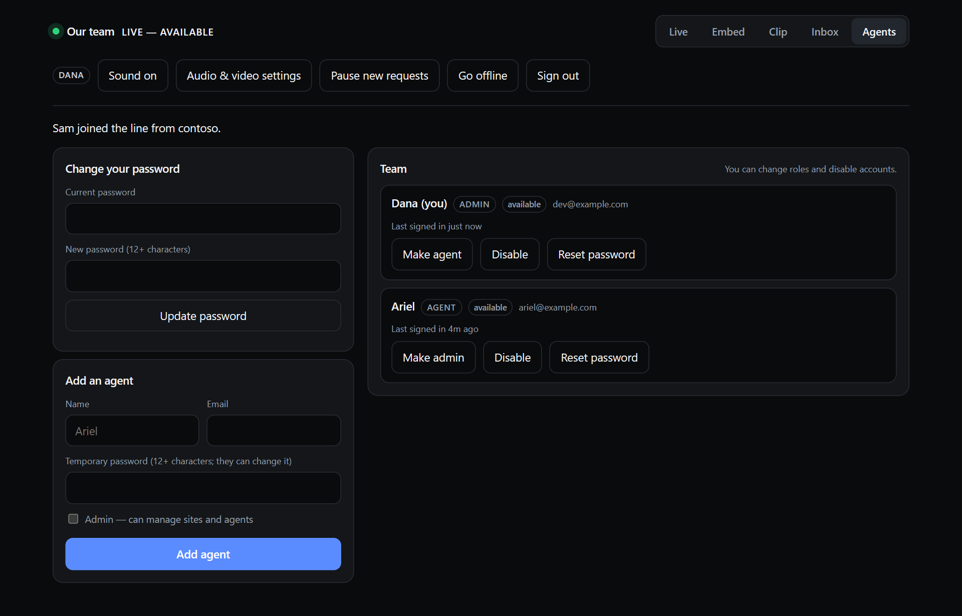 The Agents tab: change your password, add an agent, the team with roles and status