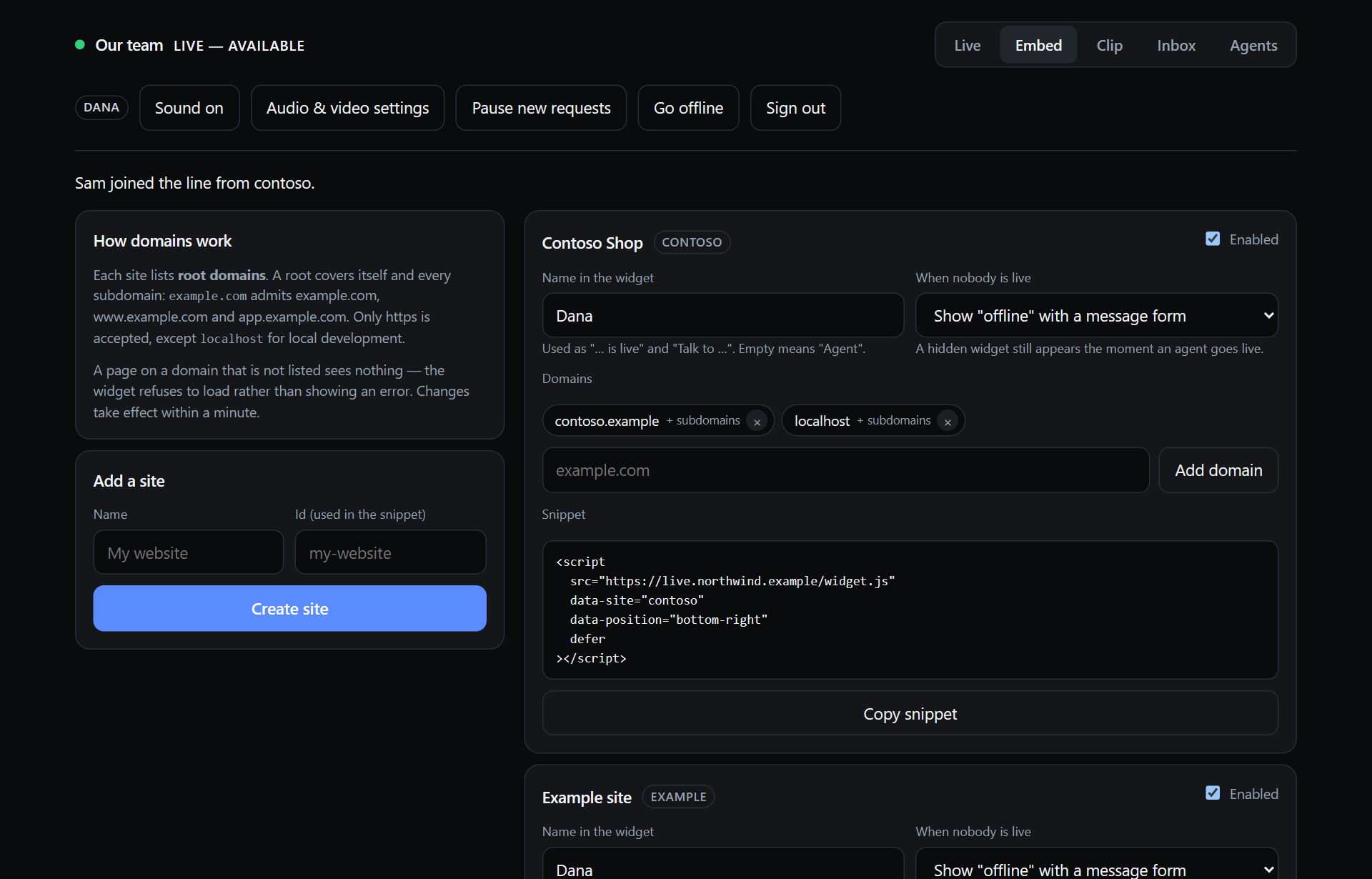 The Embed tab: how domains work, add a site, each site's domains, wording, offline behaviour and snippet
