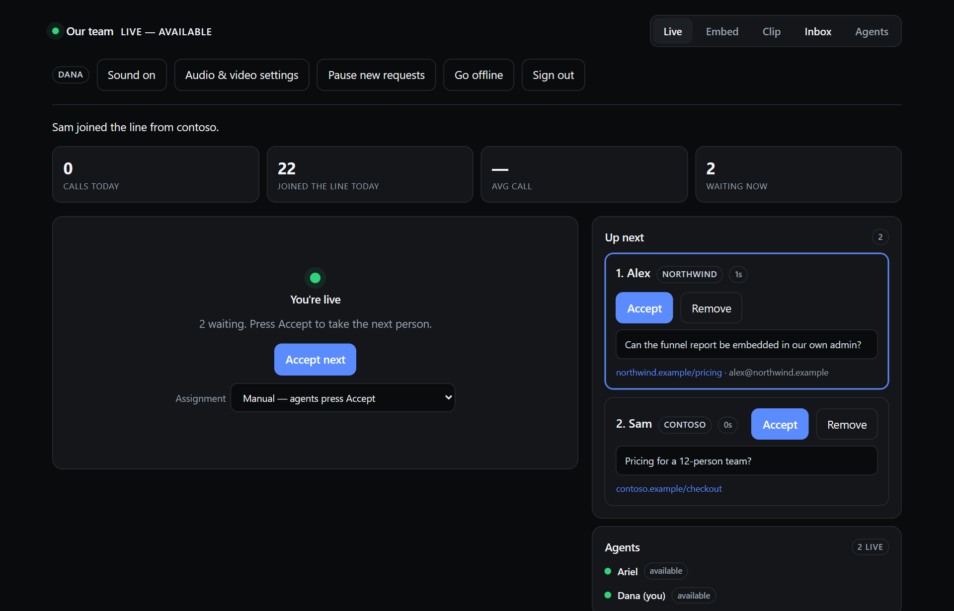 The Live tab: metrics, "You're live" with Accept next, the queue with each visitor's site and question, and the agents panel