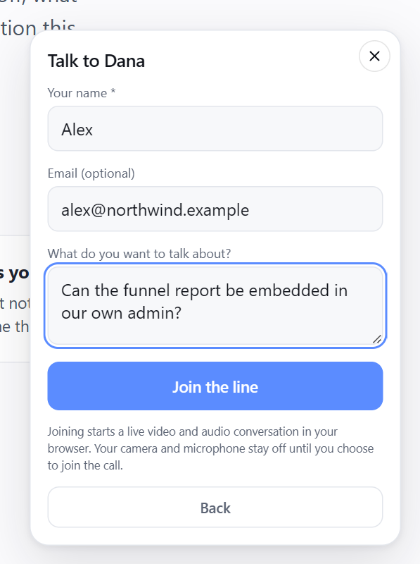 The join form: name, email, what to talk about