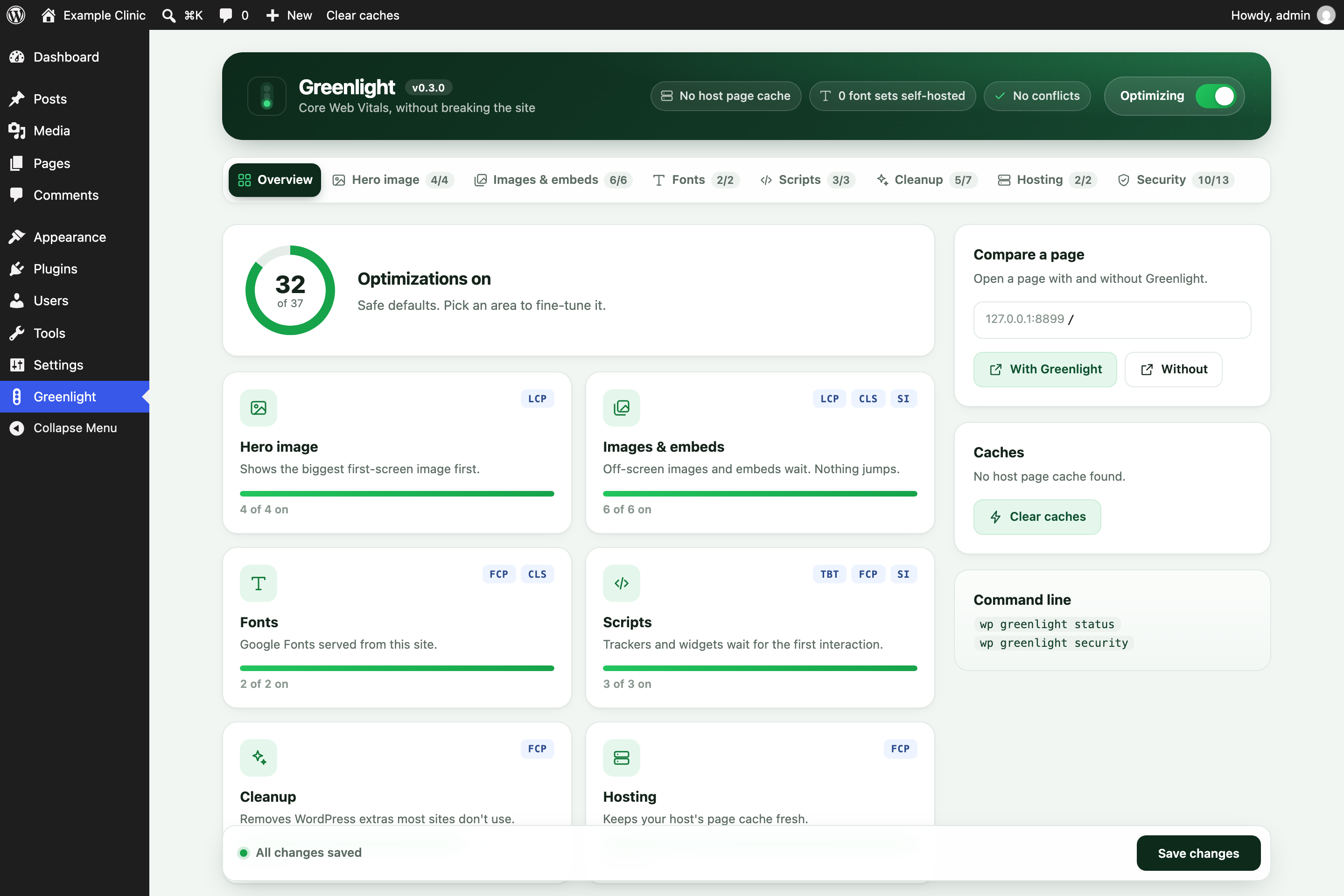 Greenlight's Overview: optimizations switched on, one tile per area, compare a page, clear caches