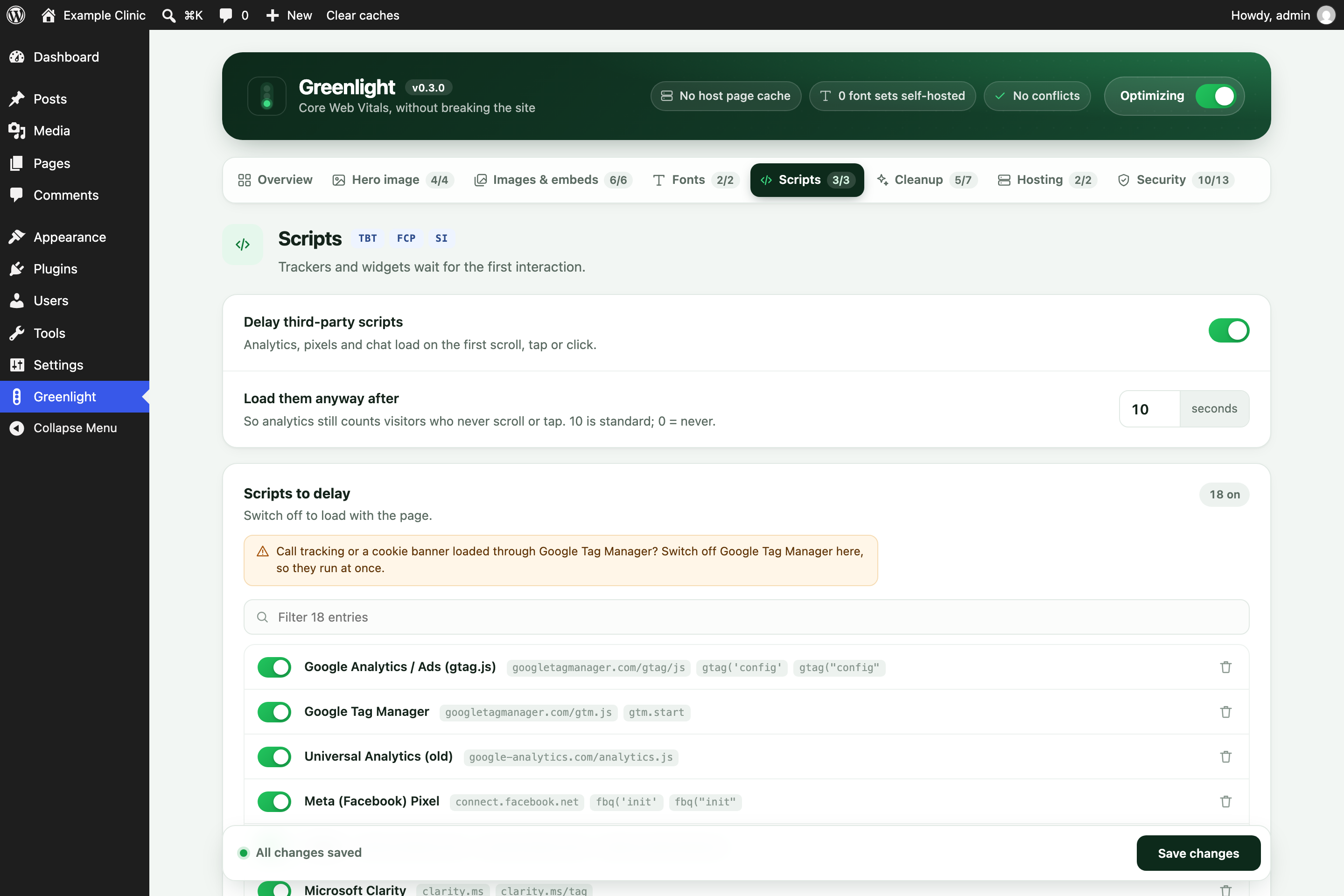 The Scripts tab: delay switch, 10-second fallback, and one row per service in the delay list