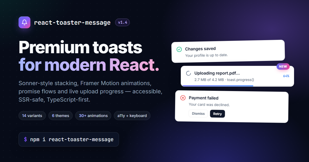 react-toaster-message — premium toasts for modern React