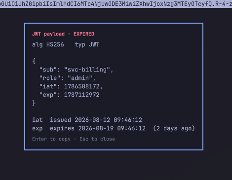 A decoded token with its expiry flagged