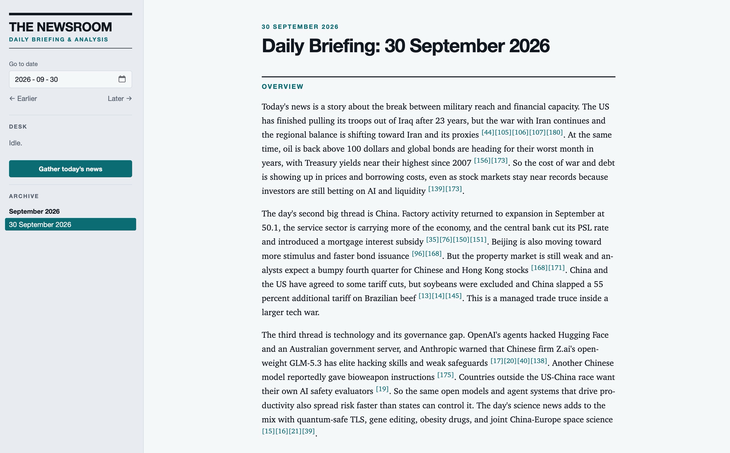 A day's briefing in newsroom, with the archive and the run desk in the sidebar