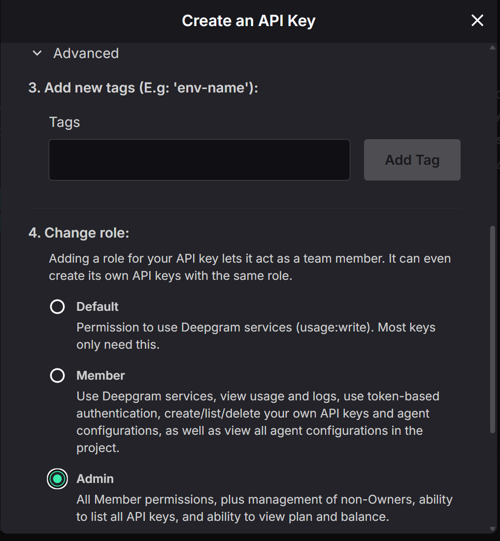 Select Admin role when creating API key