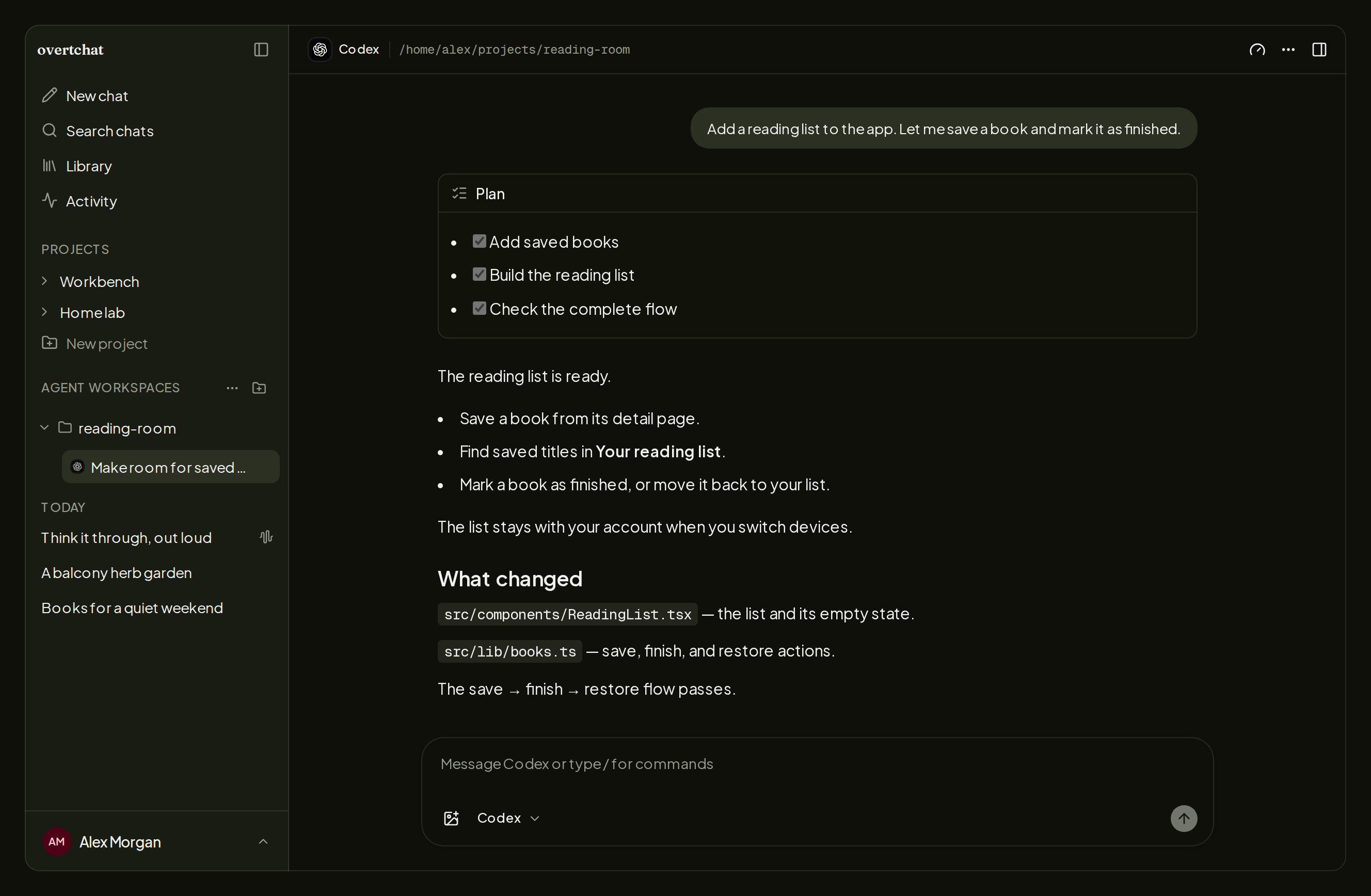 An OvertChat Agent Connection showing a Codex session, its plan, and a completed response