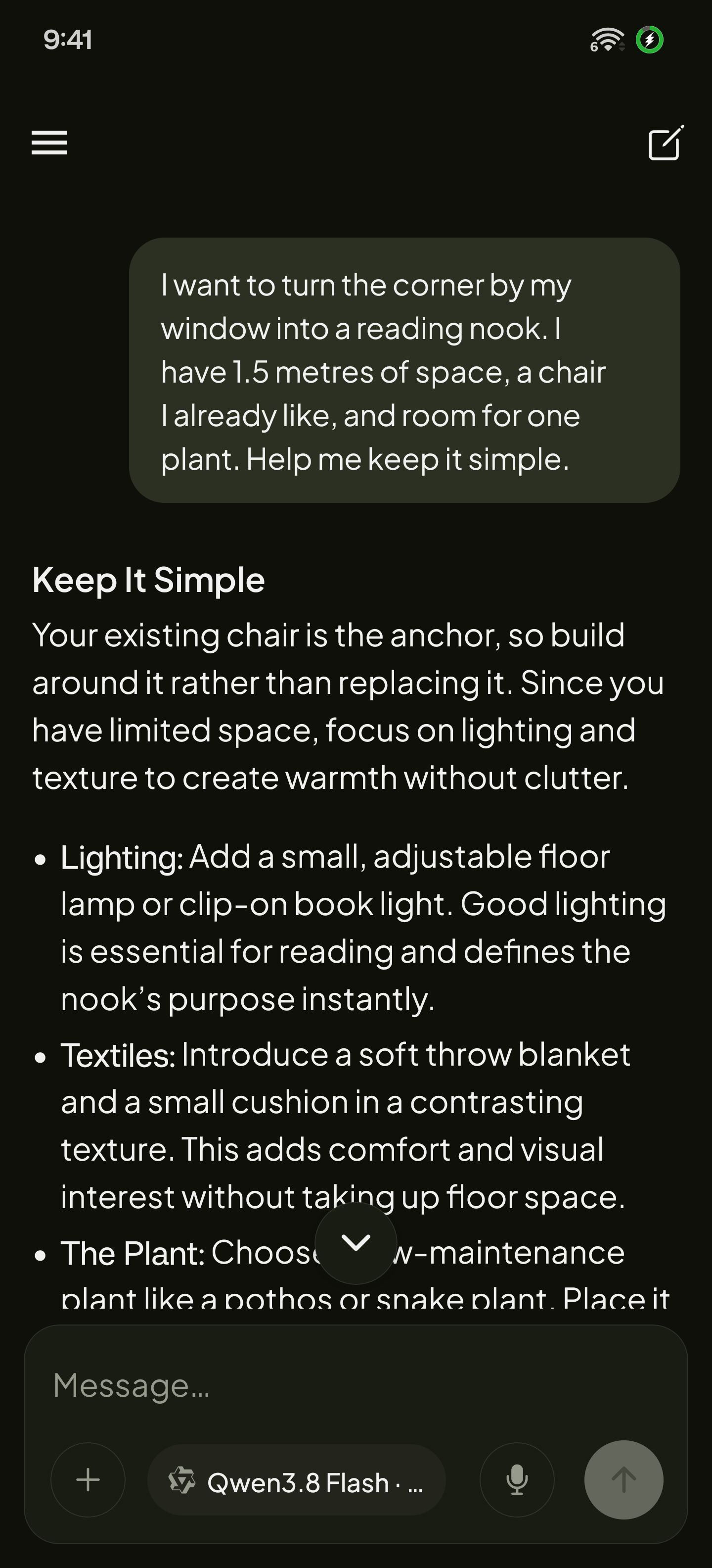A local model conversation in OvertChat for Android, in dark mode