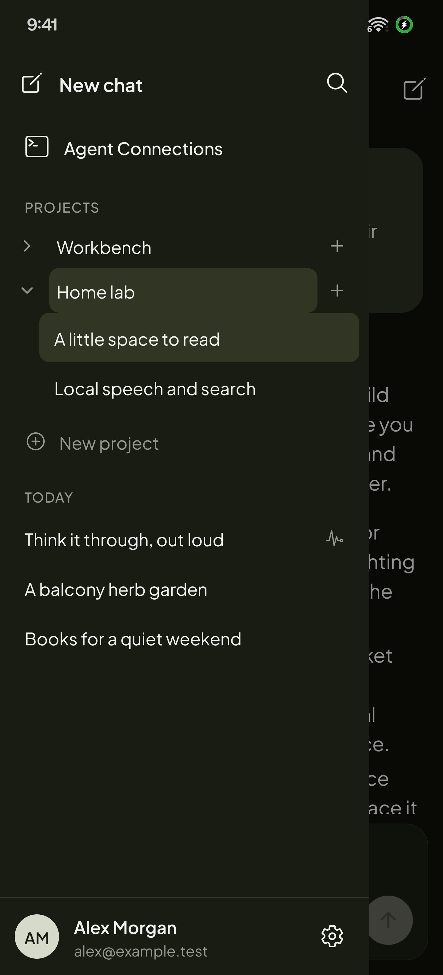 Projects and saved conversations in the Android navigation drawer