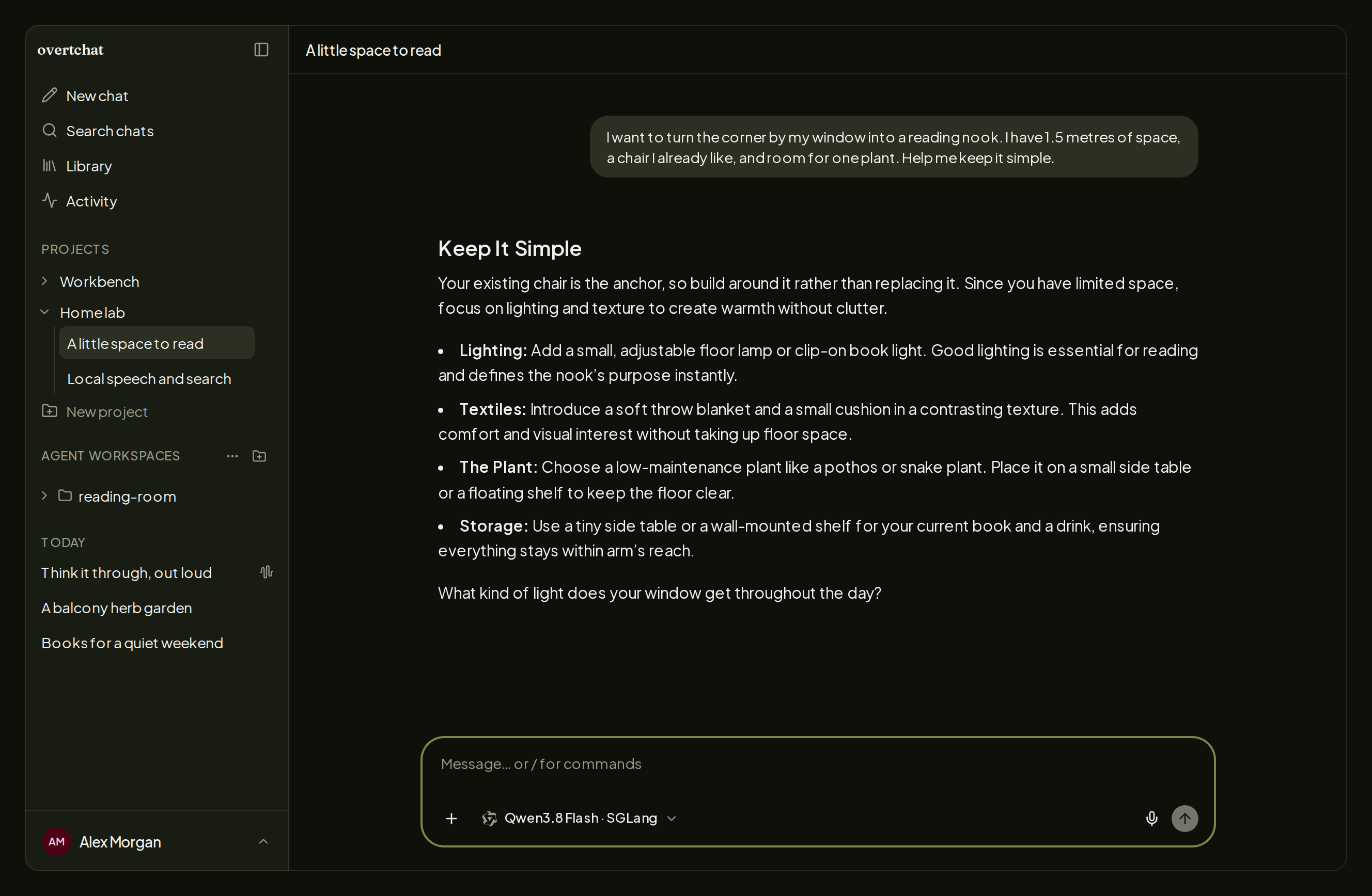 A conversation with Qwen3.8 on SGLang, alongside projects and saved chats in OvertChat