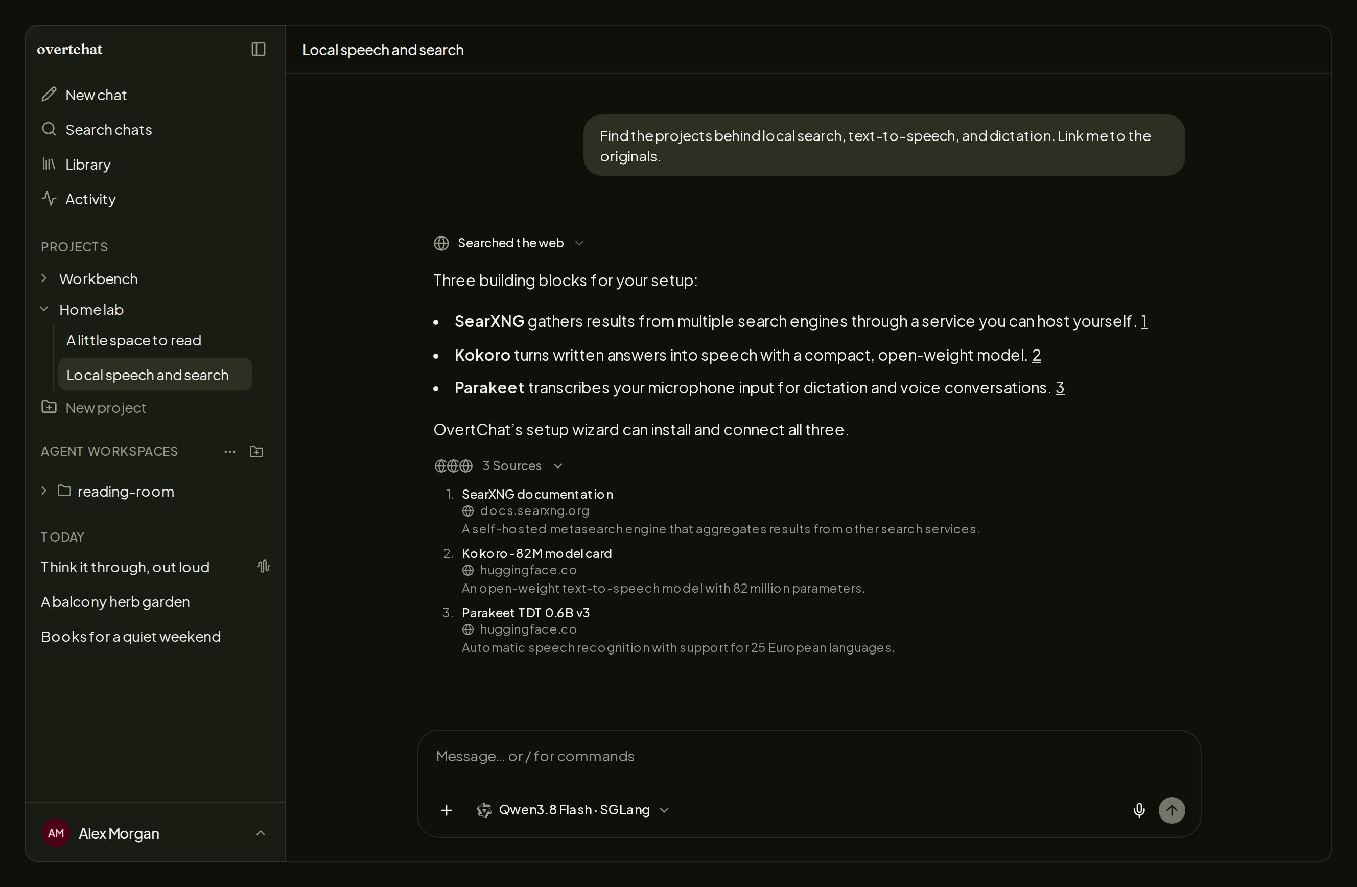 Search results from SearXNG alongside a sourced answer about local speech and search services