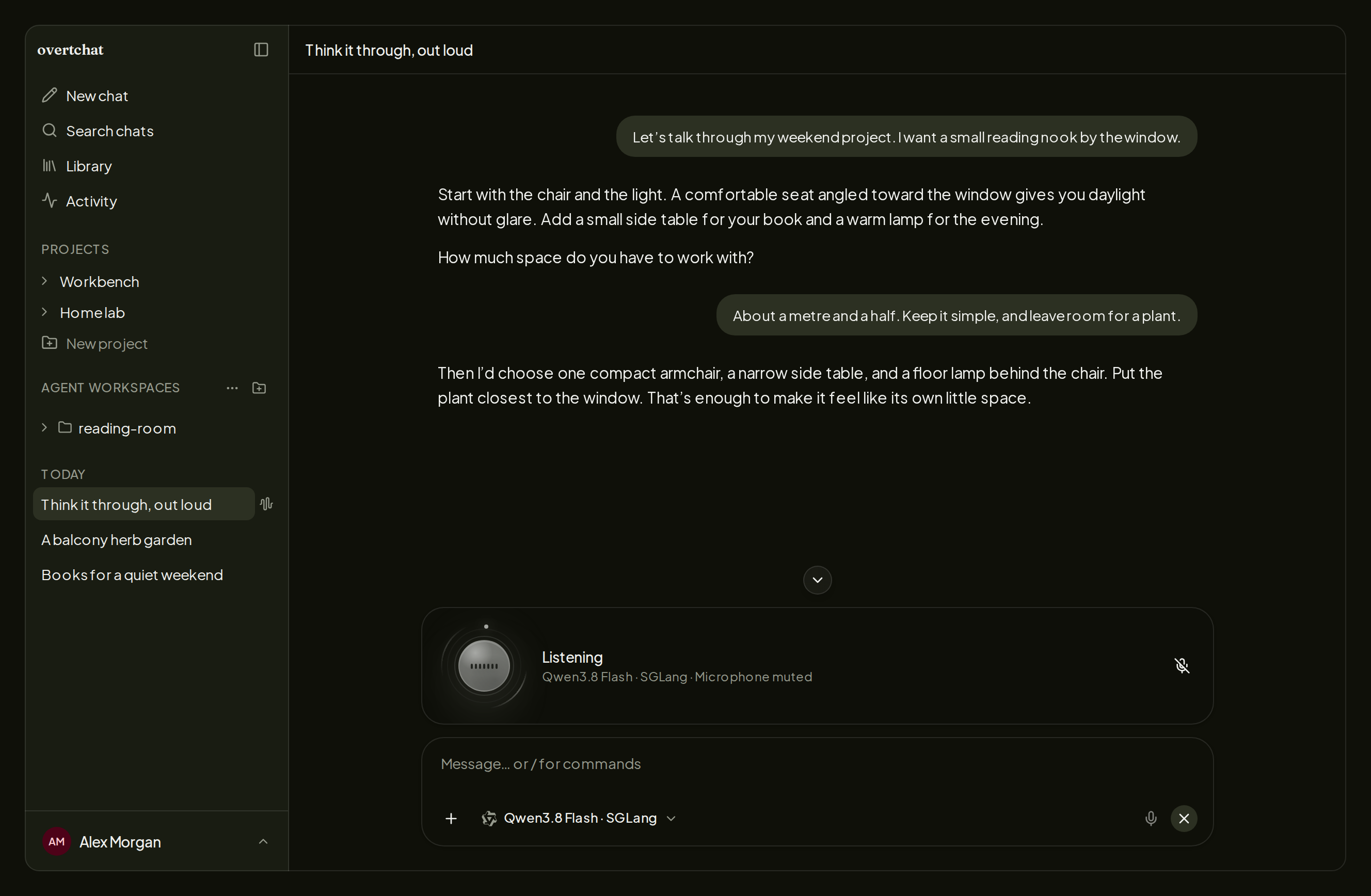 A voice conversation with its saved transcript and the live listening and microphone controls inside the composer