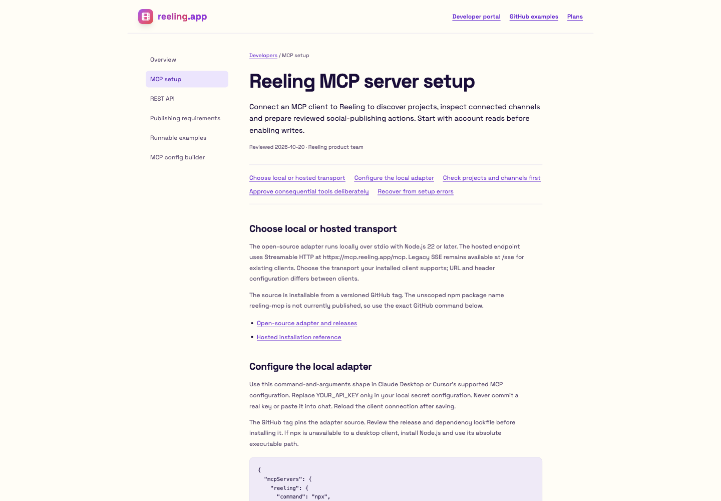 Reeling MCP setup guide with transport choices and configuration instructions