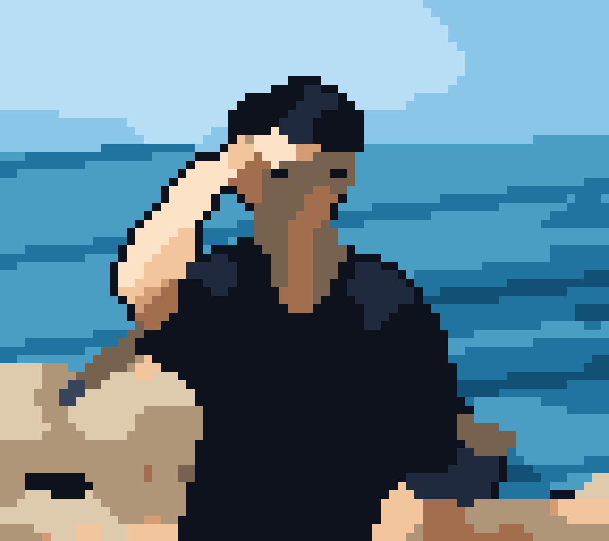 Pixel-art cartoon of Yong Jun Mun standing on the coast shading his eyes from the sun