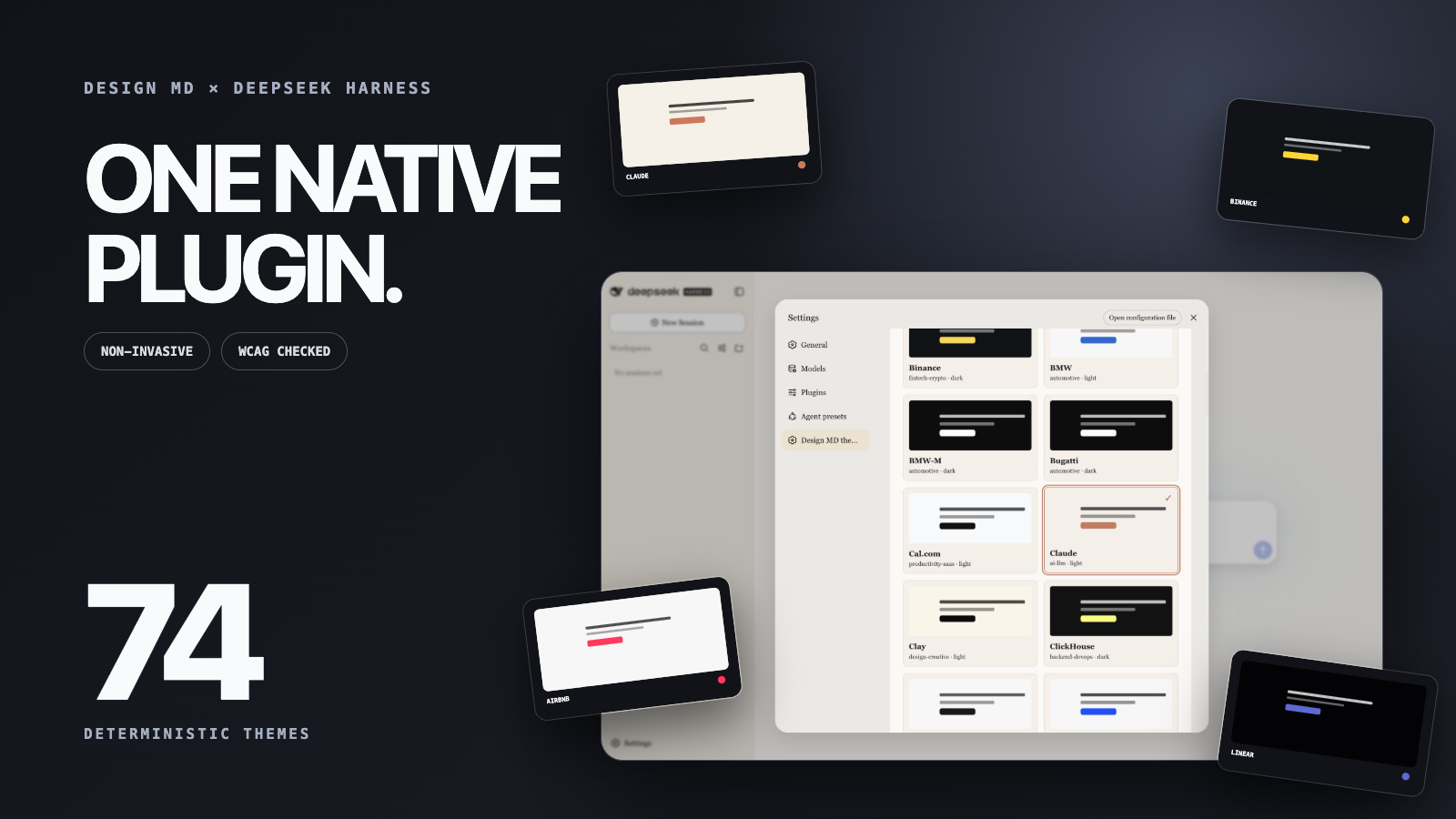 74 deterministic Design MD themes for DeepSeek Harness