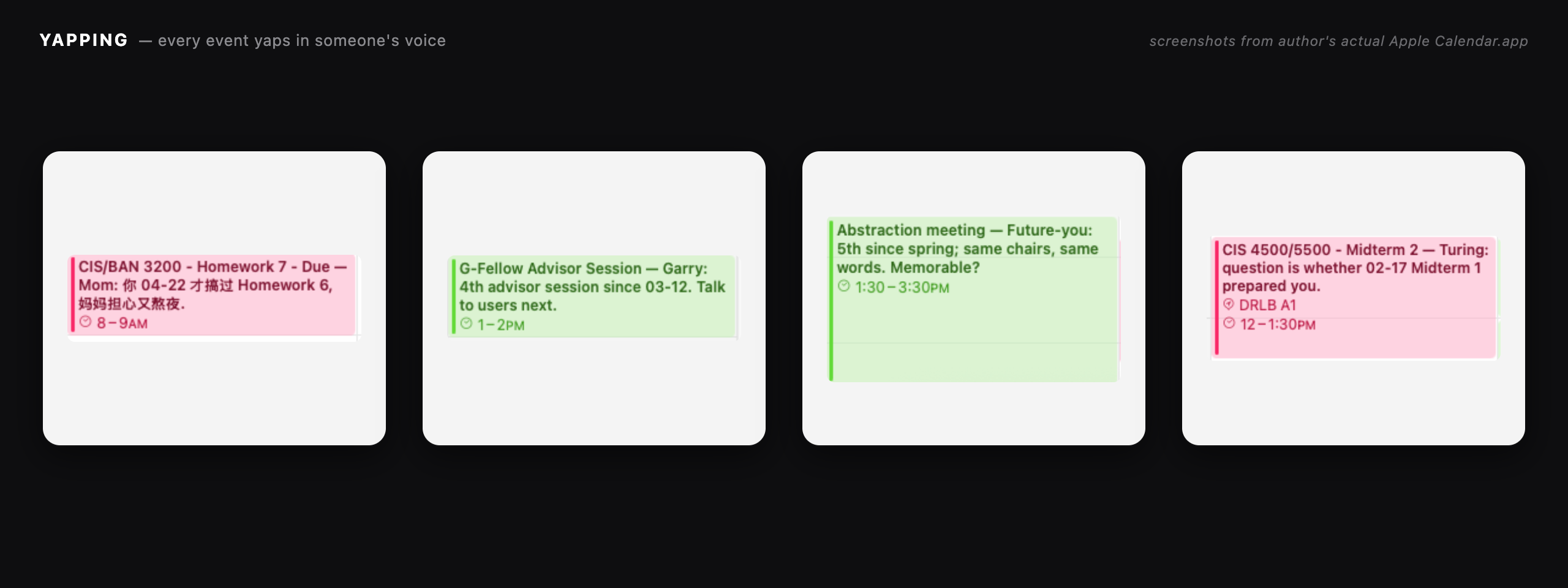 YAPPING Apple Calendar MCP — sample event cards in different characters' voices, rendered by Claude