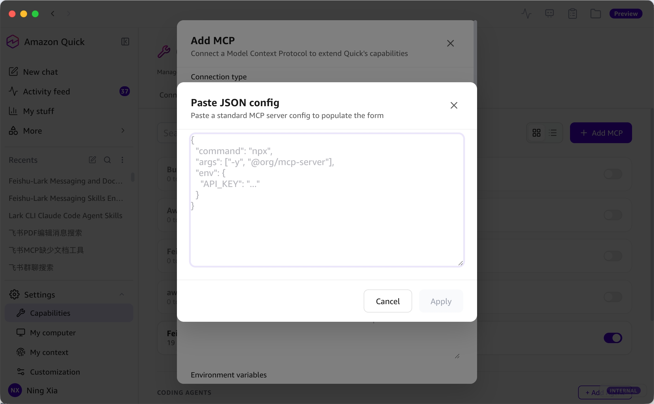 Quick Desktop — Paste JSON config